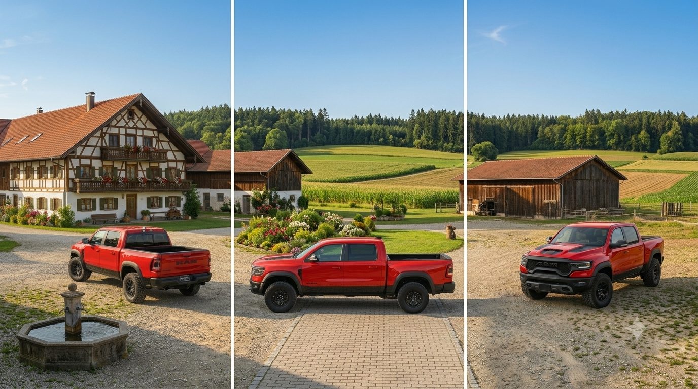 RAM 1500 RHO in Flame Red in drei Ansichten — höhergelegtes Fahrwerk, Offroad-Radlaufverbreiterungen und 35-Zoll-Reifen