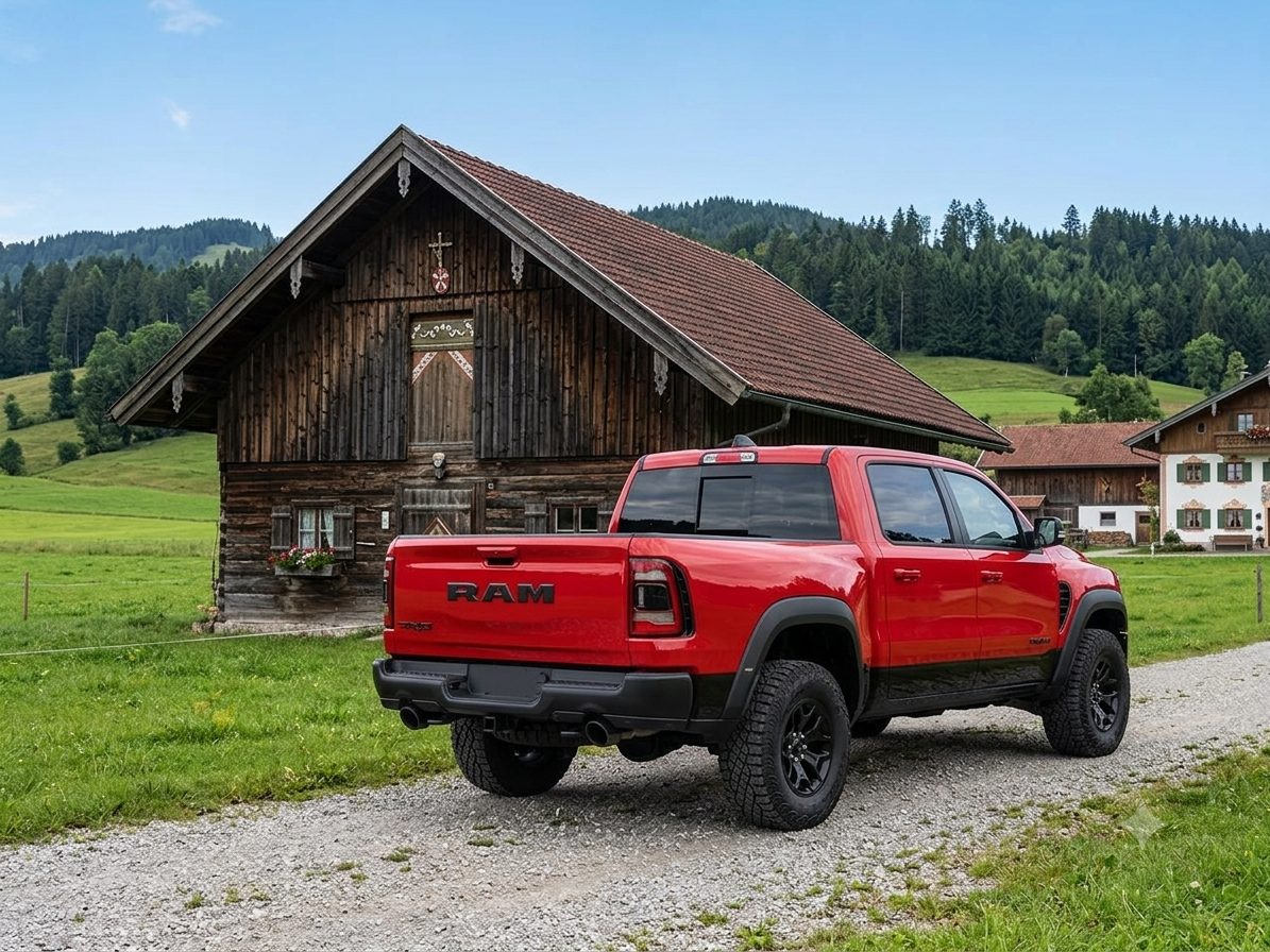 RAM 1500 RHO Crew Cab 4x4 in Flame Red — Heckansicht schräg mit 35-Zoll-All-Terrain-Reifen und Offroad-Radlaufverbreiterungen