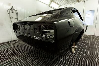 Datsun 280Z widebody restoration: Glasurit dark metallic black refinishing, build photograph 3 of 26