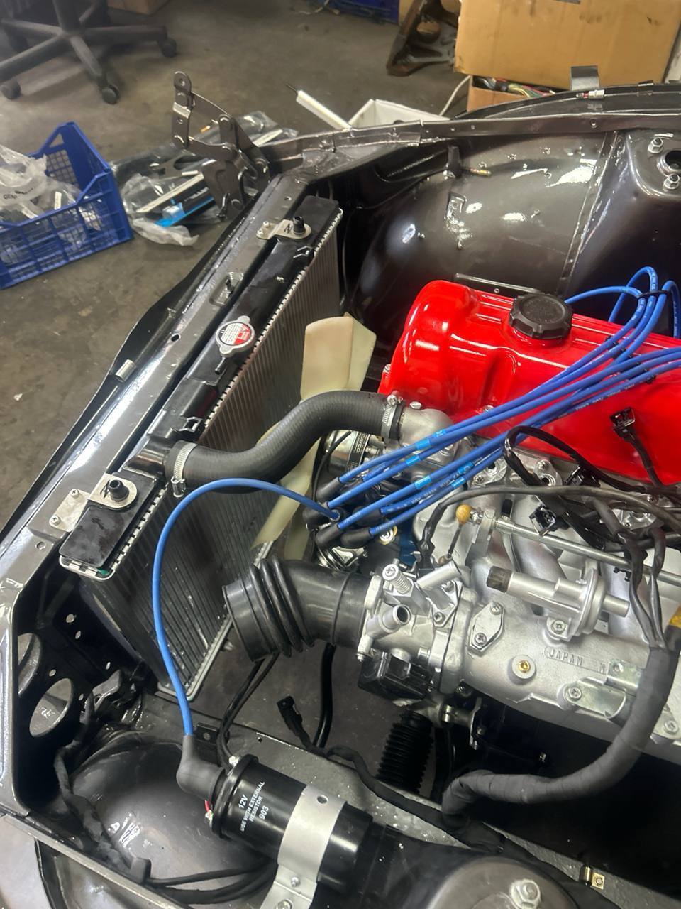 Datsun 240Z N42 intake fuel injection detail finished engine bay — L24 rebuild