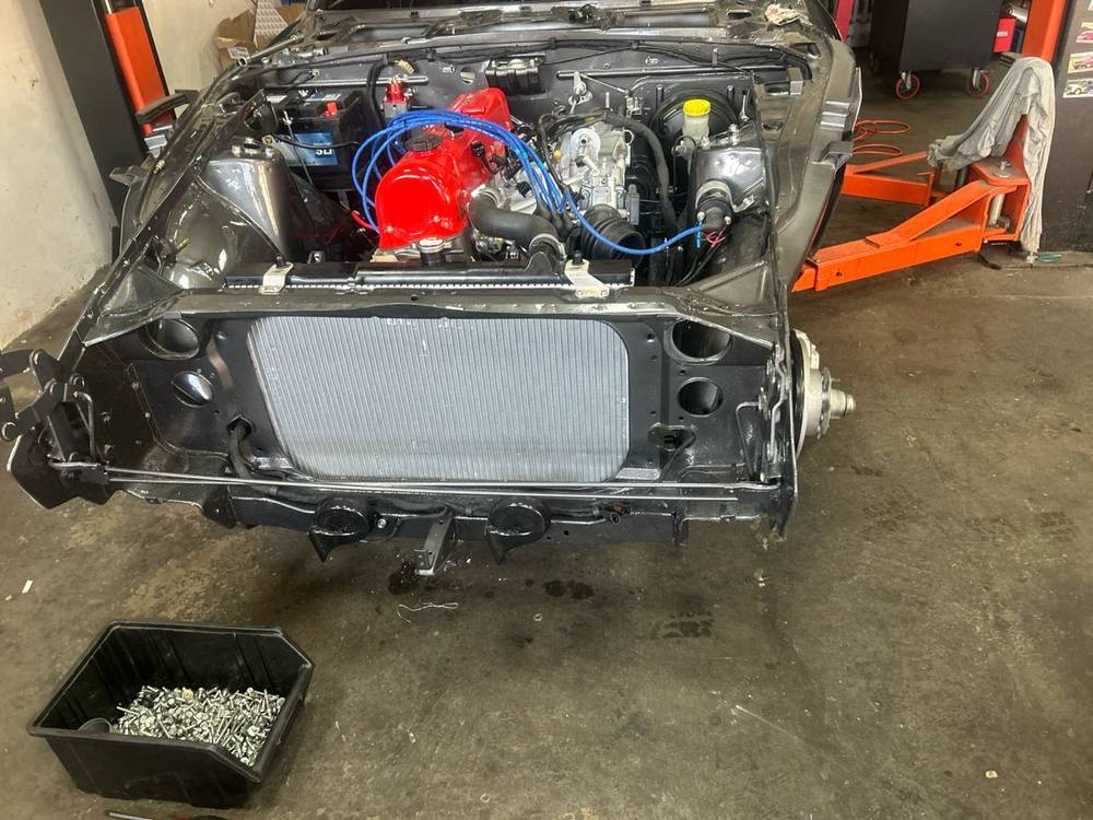 Completed Datsun 240Z front end rebuilt engine alloy radiator — S30 restoration