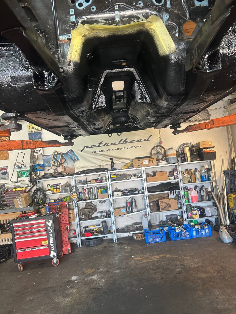 Datsun 260Z S30 protective undercoating applied — underbody rust protection during restoration